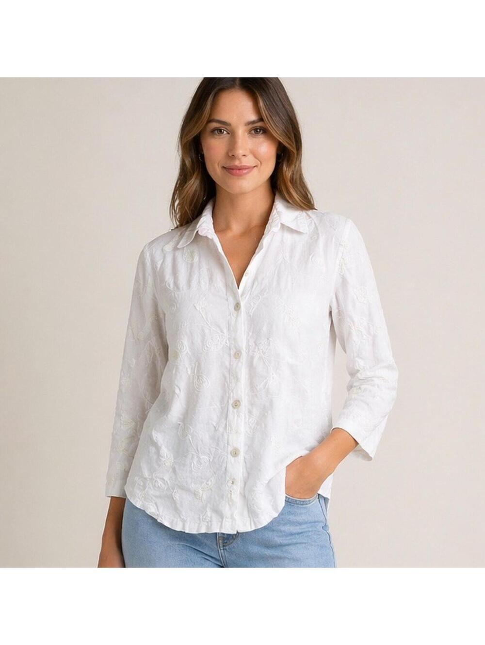Vintage Classic Elements White Embroidered Blouse Women’s L Linen Button Up